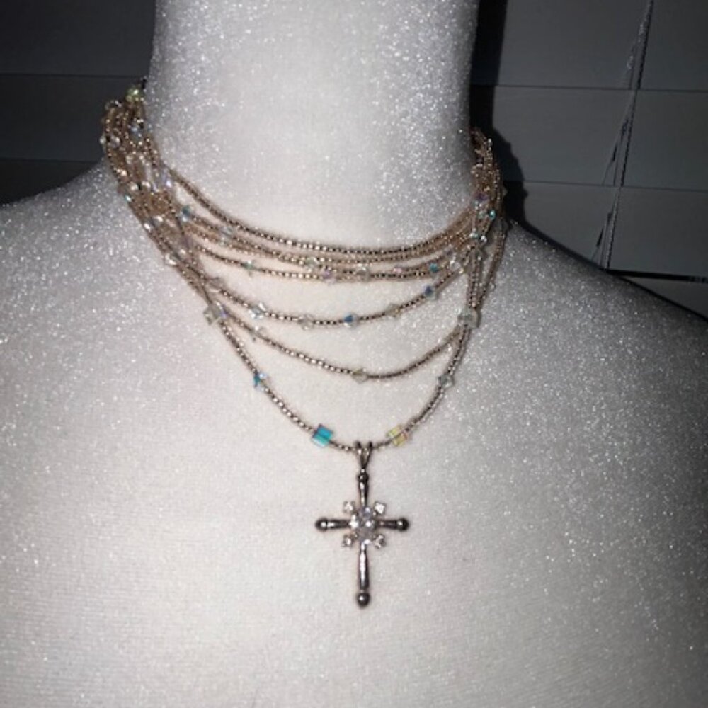 Beautiful Cross Necklace made with Swarovski Crystals Multi-Strand